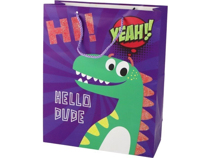 LeanToys gavepose i papir lilla dinosaur 32 x 26 x 10 cm