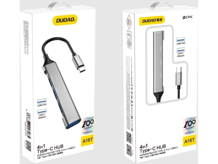 Dudao Dudao Hub 4In1 Usb-C/4X Usb-A(3 X Usb 2.0/Usb 3.0) 6,3Cm Schwarz (A16t)