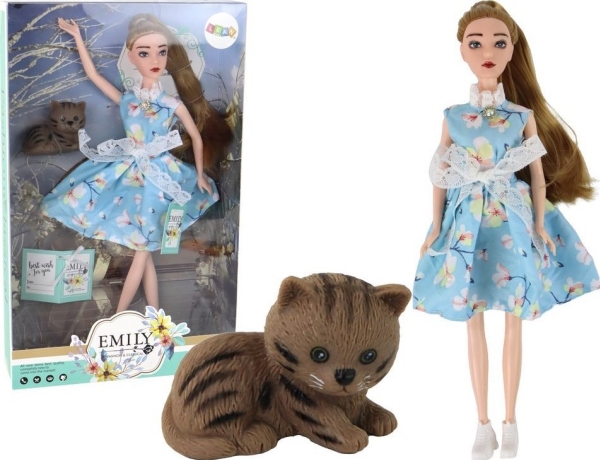 Leantoys Puppe Für Kinder Emily Frühling Langes Haar Blaues Kleid Katze