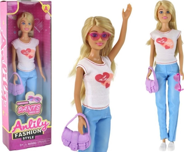 Leantoys Dukke Til Børn Anlily, Lange Blonde Hår, Taske, Briller, Hvid Bluse