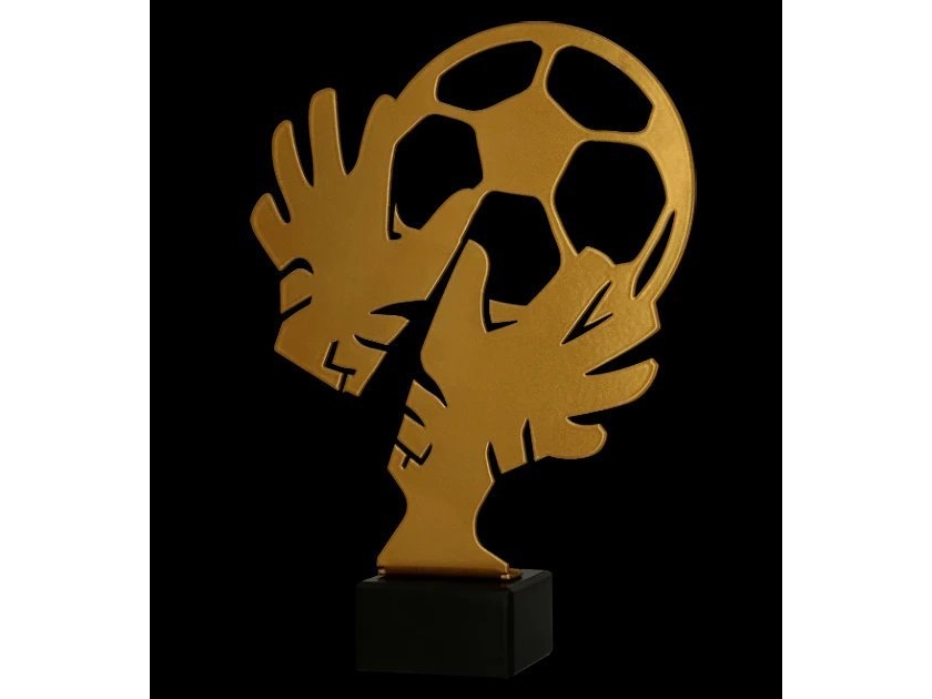Victoria Sport Metaltrofæ med marmorsokkel - Fodboldmålmandshandske + bold - ver. 2