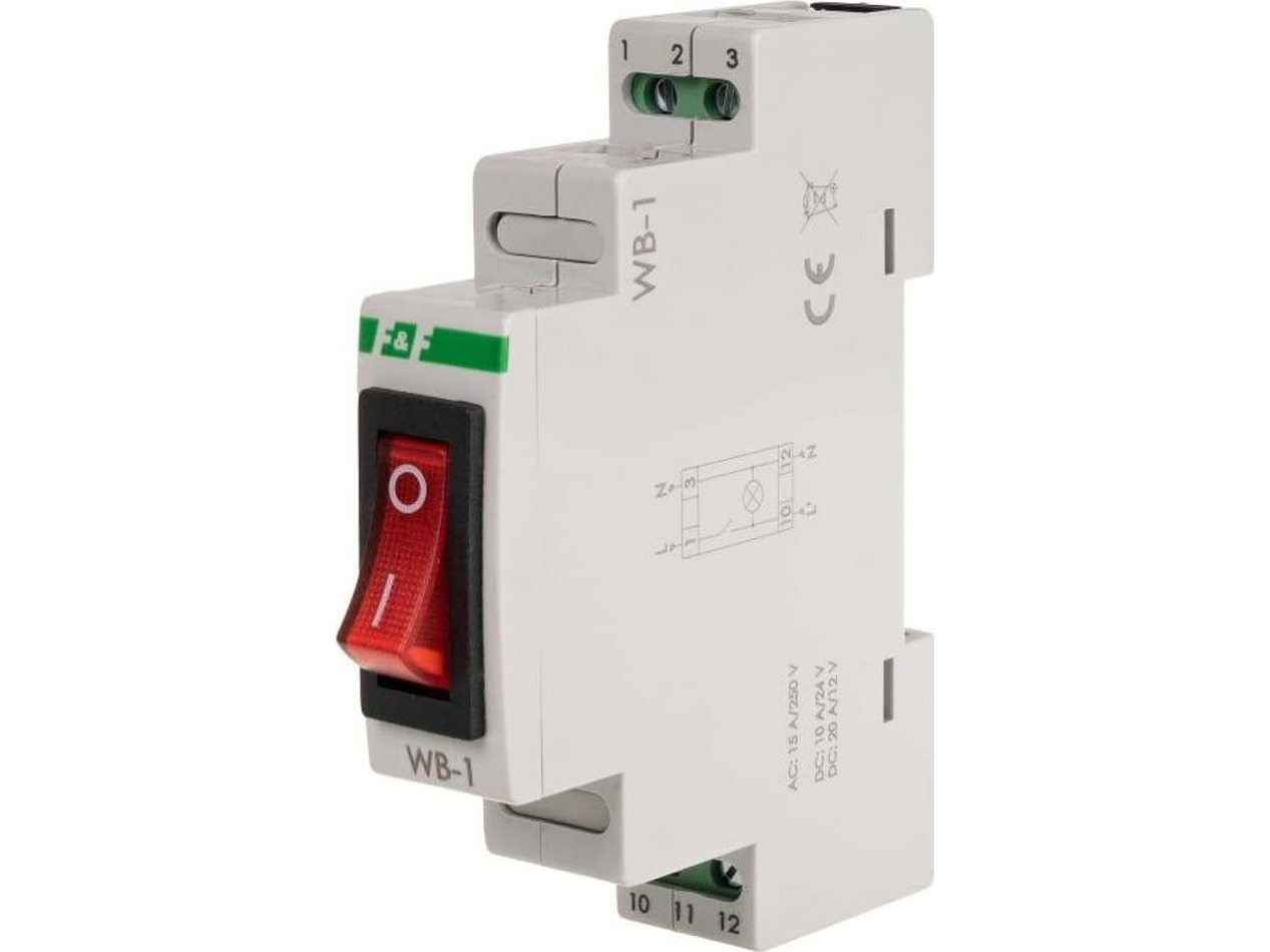 F&F 2-polet kontakt WB-1R 16A 1NO 230V AC med rød belysning til DIN-skinne
