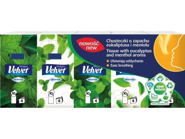 Velvet hygiejne-servietter med eukalyptus og mentol, 4-lags, 10x10 stk, hvide