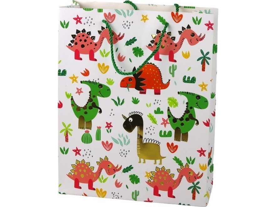 LeanToys gavepose i papir farverige dinosaurer palmer 32 cm x 26 cm x 10 cm
