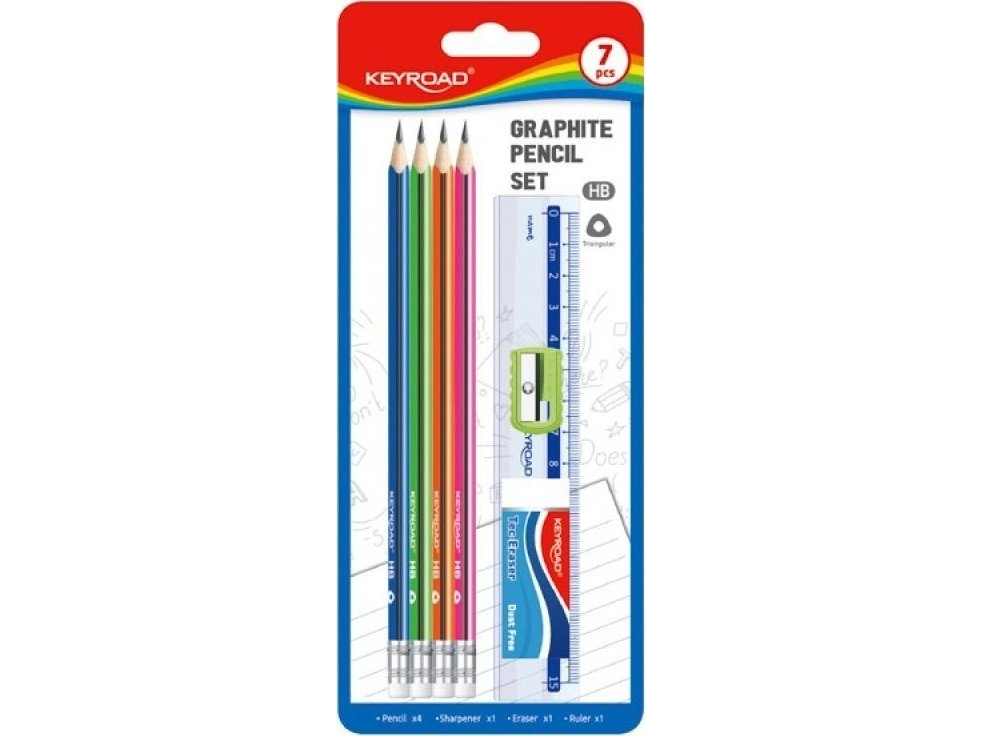 Keyroad Skoleæske Pencil Set Hb, 7 Dele, Blister Mix Farver