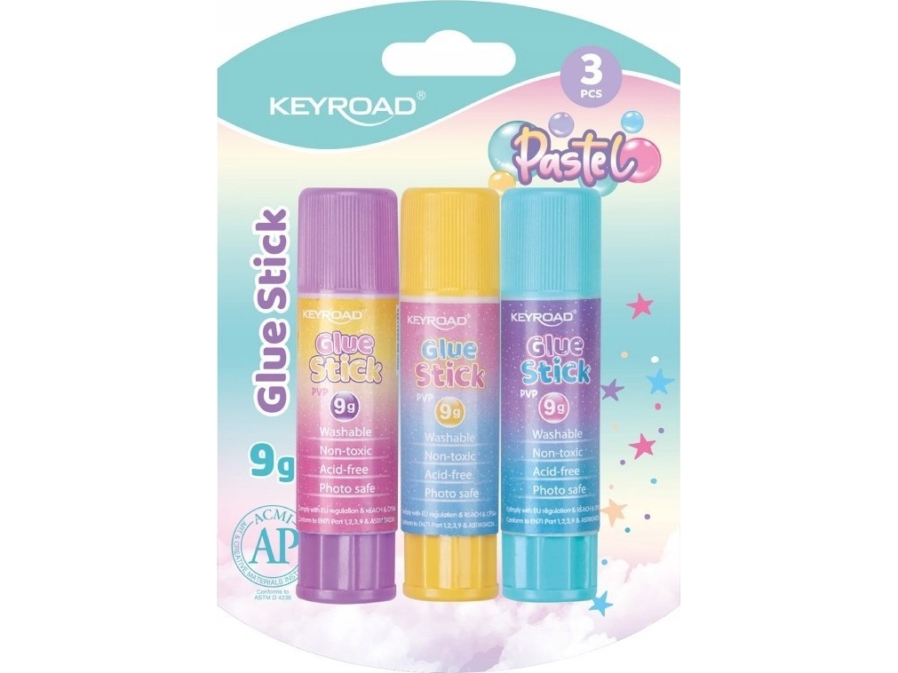 Keyroad KEYROAD limstift, Pastell, PVP, 9g, 3 st, blister, blandade färger | Kontorsmaterial - Lim - Limstift | GameStuff