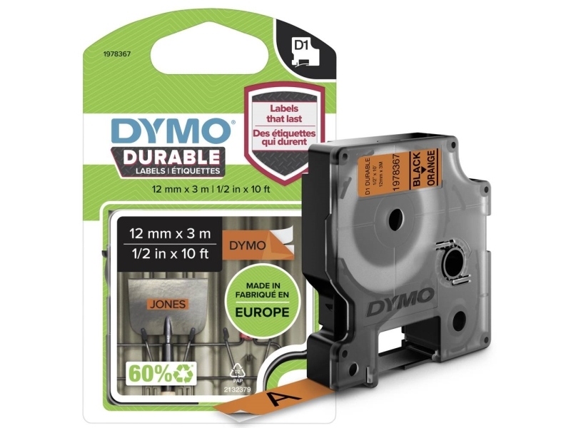 Dymo D1 Durable Tape 12 Mm X 3 M, Sort/Orange