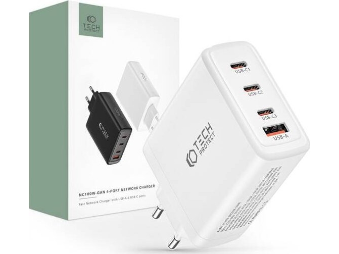 Tech-Protect Tech-Protect Nc100w-Gan 4-Port-Netzwerkladegerät Pd100w/Qc3.0 – Weiß