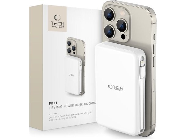 Powerbank Tech-Protect LifeMag PB31 med MagSafe 10000mAh 15W USB-C / USB-A / indbyggede USB-C / Lightning-kabler - hvid