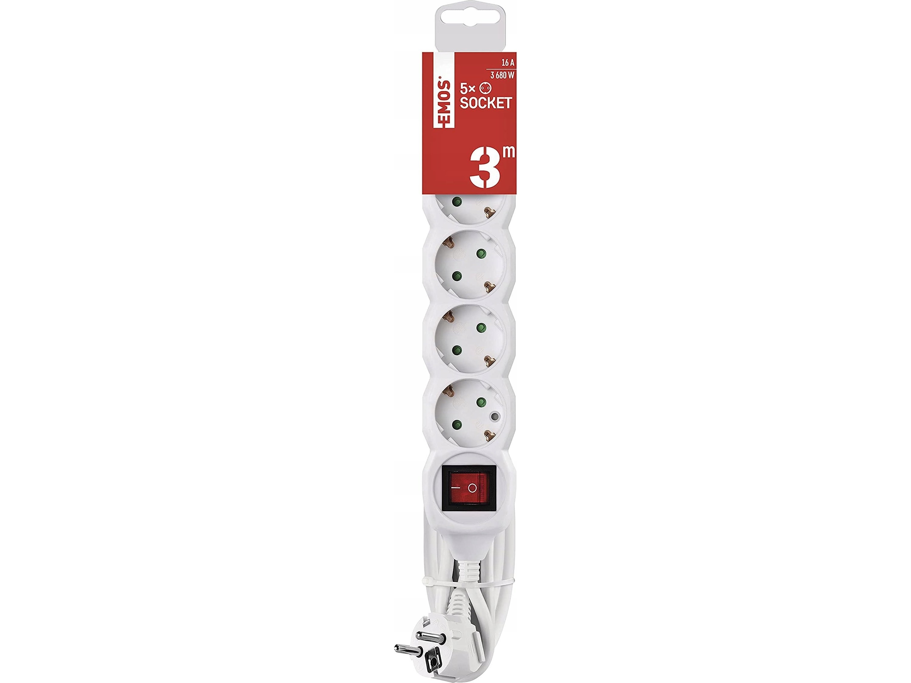 Emos Ilgiklis 5 Lizdų 3.0M Su Įžeminimu, Su Jungikliu (Baltas) 1.5Mm²