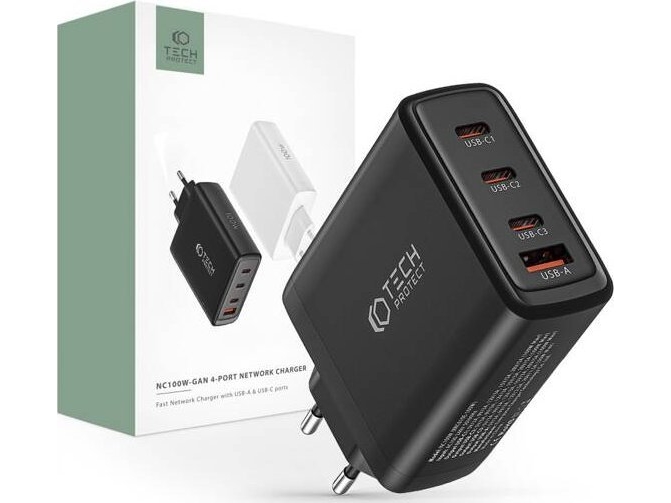 Tech-Protect Tech-Protect Nc100w-Gan 4-Ports Netværksoplader Pd100w/Qc3.0 Black
