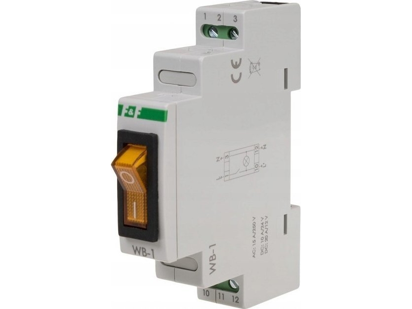 F&F topolt omskifter WB-1Y 16A 1NO 230V AC med gul belysning på DIN-skinne