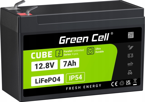 Green Cell LFPGC12V7AH, Litiumrautafosfaatti (liFePo4), 12,8 V, 7 ah, 89,6 Wh, 10 vuosi/vuosia, musta, Vihreä
