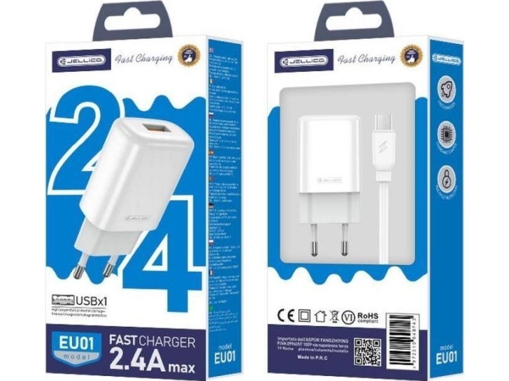 Jellico Ladegerät Eu01 2,4A Usb + Micro-Usb-Kabelset Weiß