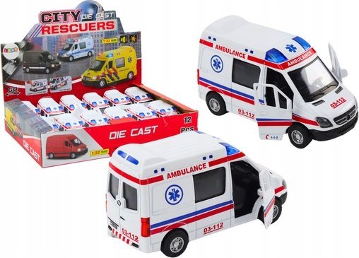 LeanToys Ambulance 1:32 åbne døre lys lyde  hvid