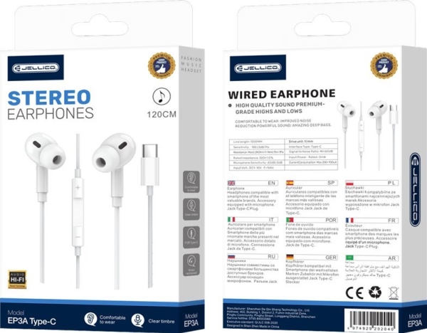 Jellico Ep3a Usb-C In-Ear Kopfhörer Mit Mikrofon 1,2 M Weiß