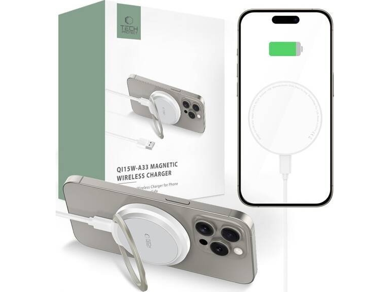 Tech-Protect QI15W-A33 induktiv laddare med MagSafe och vagga med USB-A / USB-C-kabel - vit