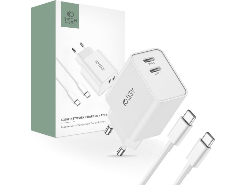 Tech-Protect C35w 2X Usb-C Pd 35W Netzladegerät Mit Usb-C / Usb-C Kabel - Weiß
