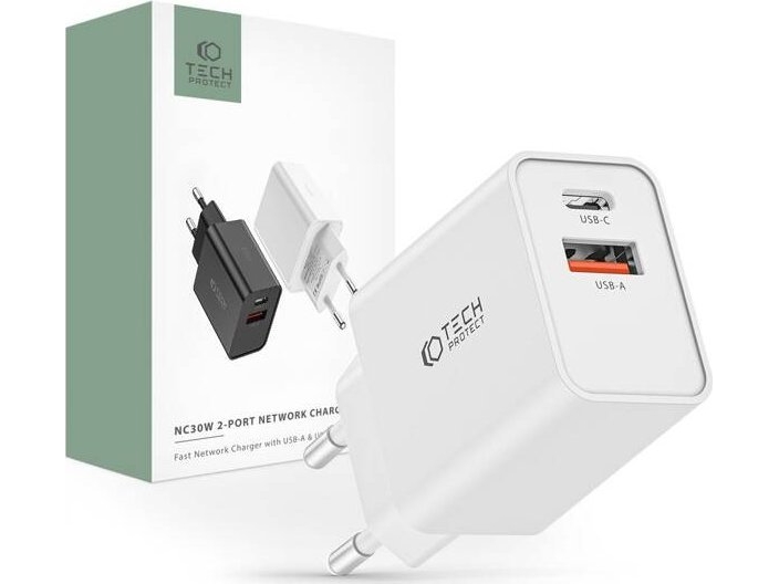 Tech-Protect Tech-Protect Nc30w 2-Port Netværksoplader Pd30w/Qc3.0 Hvid