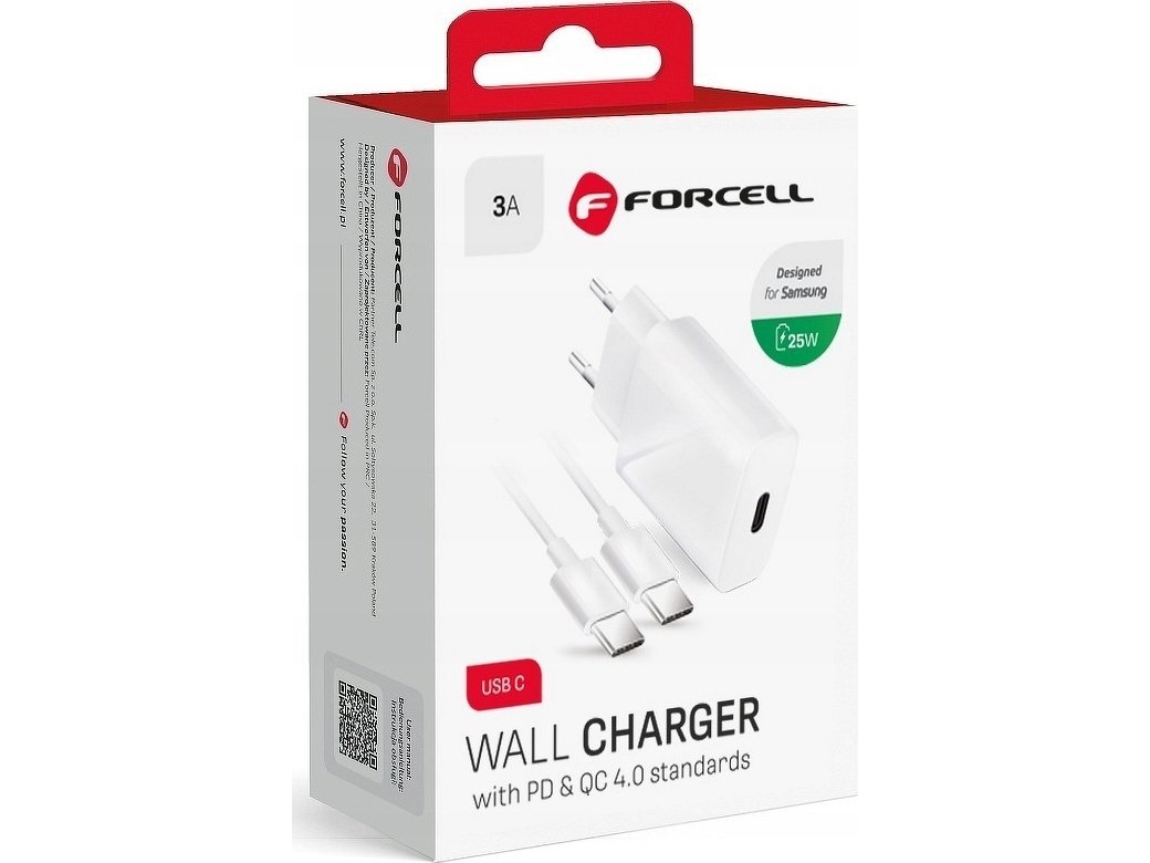 Forcell Forcell F-Energy Tfk-Tc-25Wpd Netoplader Type C + Type C Til Type C Pd Q.C 3A-Kabel 25W Hvid