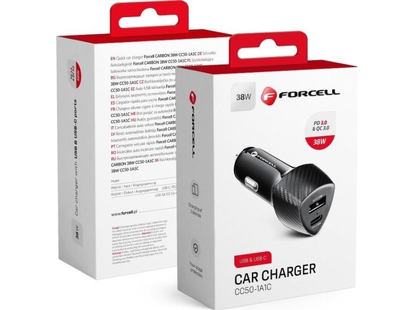 Forcell Carbon Biloplader Type C 3.0 Pd20w + Usb Qc3.0 18W 5A Cc50-1A1c Sort (I Alt 38W)