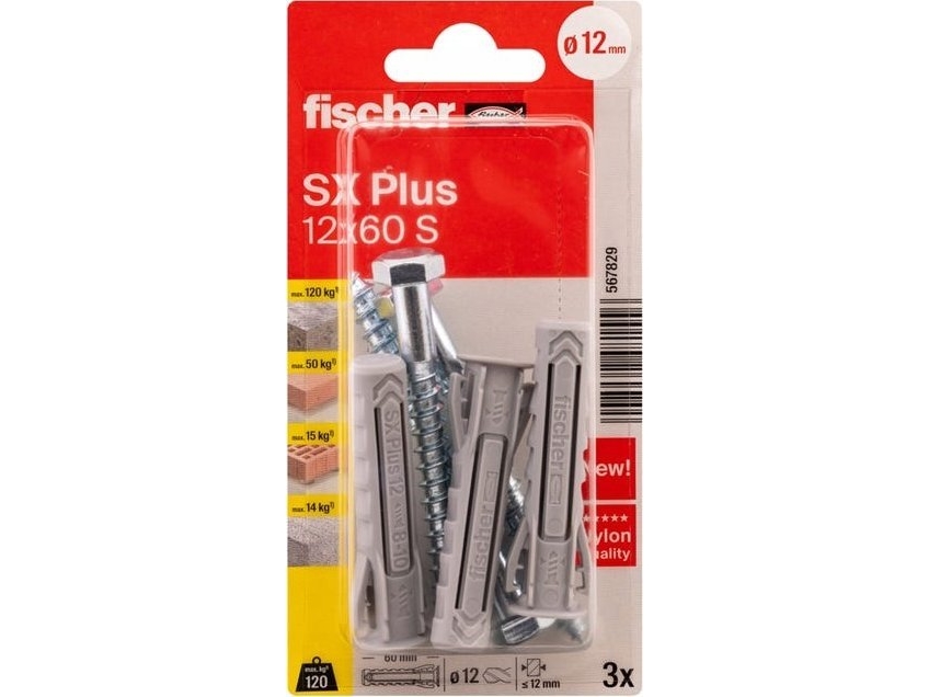 Fischer 567829 SX Plus Ekspansionsrawplug 60 mm 12 mm 3 stk | Verktyg & Verkstad - Infästning - Råpluggar och pluggar | GameStuff