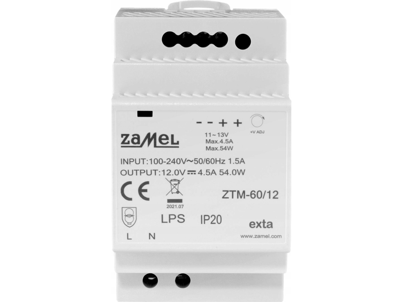 Zamel impulsstrømforsyning på DIN-skinne TH-35 (DIN), 60W, 12V DC type: ZTM-60/12