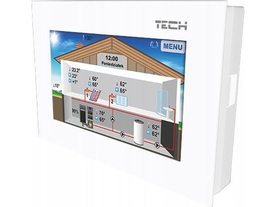 Tech rumsregulator med RS-kommunikation (touch, färgdisplay, 2 mm glas) ST-281 vit | Fjärrunderhåll | GameStuff