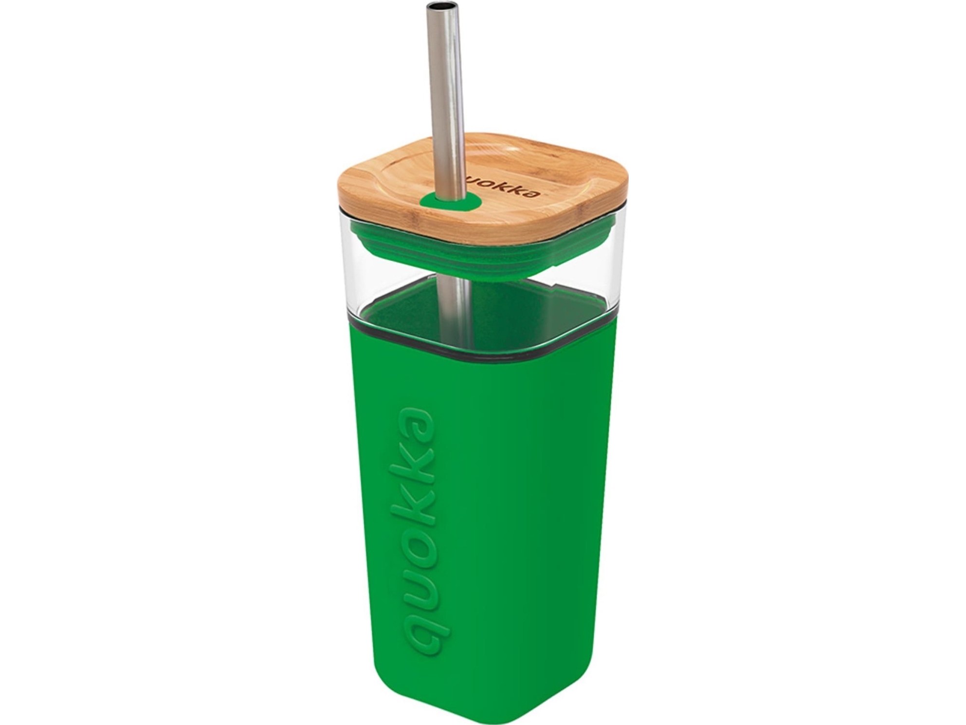 Quokka Liquid Cube - Glaskop 540 Ml Med Sugerør I Rustfrit Stål (Grøn)