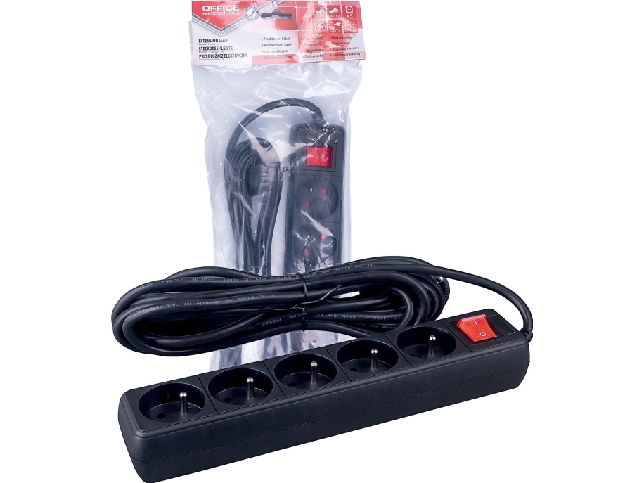 Office Products Verlängerungskabel Office Products, 5 Steckdosen, 3 M, Mit Erdung Und Schalter, Schwarz