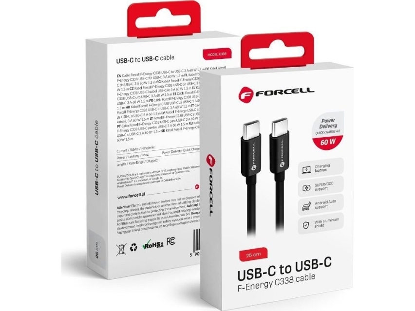 Forcell Usb-C Til Usb-C Kabel 0,25 M Sort