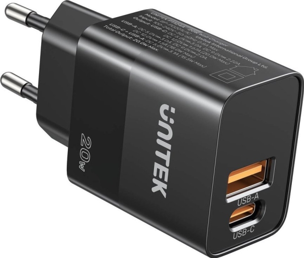 Unitek Power Charger, 1X Usb-A, 1X Usb-C, Qc, Pc 3.0, 20W, Schwarz