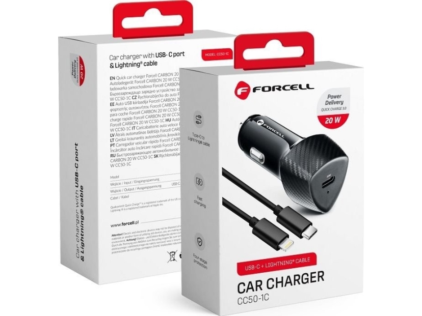 Forcell F-Energy Carbon Cc50-1C Kfz-Ladegerät Typ C + Kabel Typ C Auf Lightning Pd 3A 20W Schwarz