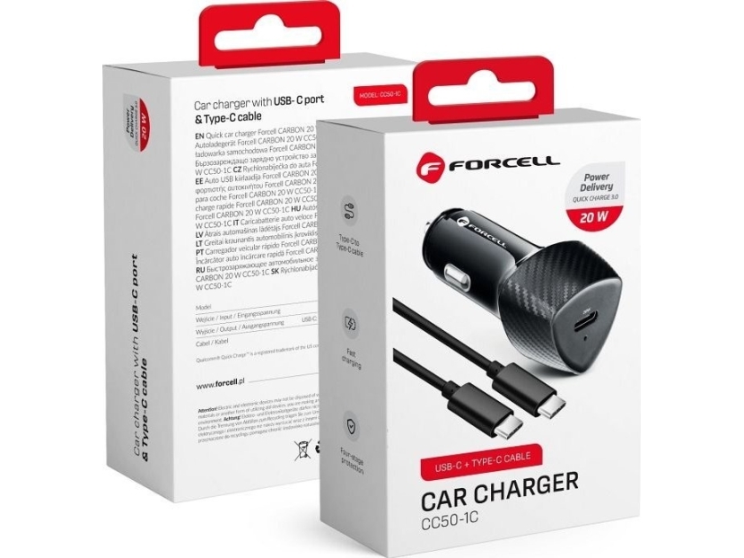 Forcell F-Energy Carbon Cc50-1C Kfz-Ladegerät Typ C + Kabel Typ C Auf Typ C Pd 3A 20W Schwarz