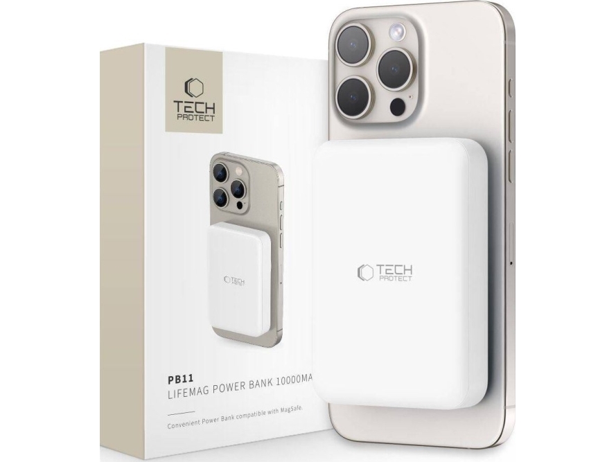 Powerbank Tech-Protect Lifemag Pb11 Mit Magsafe 10000Mah 15W Usb-C Anschluss - Weiß + Usb-C Kabel
