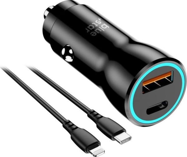 Blue Star biloplader 3A 25W USB-C (PD) + USB-A, kabel C til Lightning, QC3.0 AFC PPS, sort