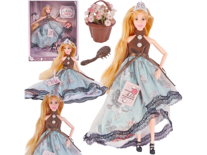 Pronice Puppe Mit Krone Auf Dem Kopf Langes Blondes Haar Kleid Blumenstrauß Kamm