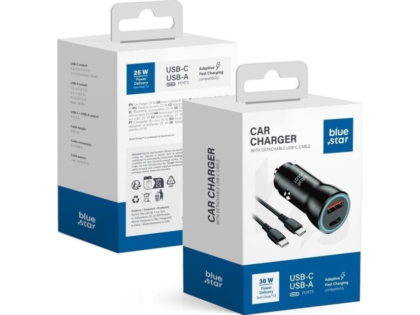 Blue Star Autoladegerät 3A 30W Type C + Usb A + Kabel Type C Auf Type C Pd Qc3.0 Afc Pps Schwarz