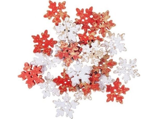 Dalprint træknapper DPCRAFT snefnug 2, 5 cm, 24 stk, rød/hvid forgyldt