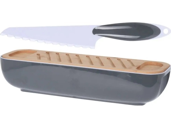 Excellent Houseware Brødmaskine Med Trælåg, Med Kniv, Mørkegrå