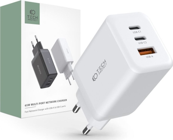 Tech-Protect C65w Oplader 2X Usb-C Pd 65W / Usb-A Qc 3.0 - Hvid