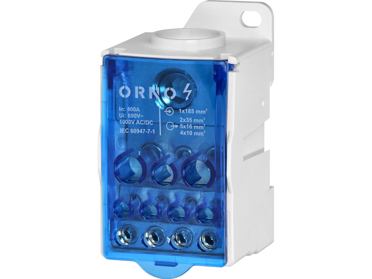 Orno 400A kytkinlaite, tuloliitäntä 1x185mm?, lähtöliitännät 4x10 ja 5x16 ja 2x35mm?, kätevä DIN-kiskoasennus