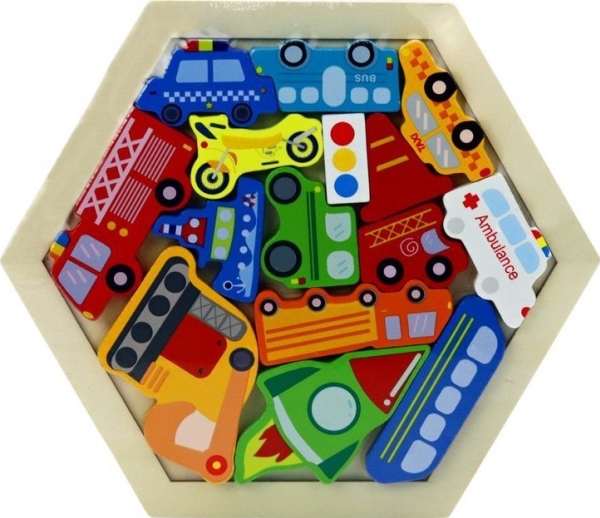 Leantoys Puzzle/Sortiment: Fahrzeuge, Rakete, Holzbausteine, Bunt 15-Tlg.