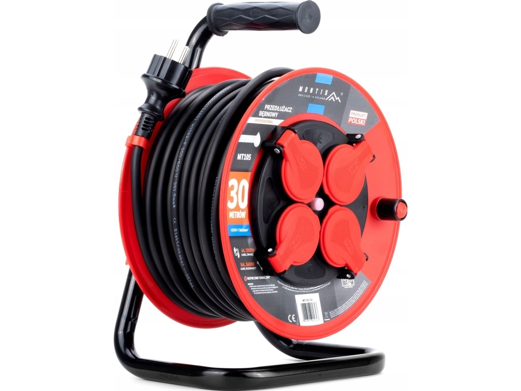 Montis kabel-/forlængerledning tromle PROFESSIONAL MT105-30 4x2p+Z IP44 16A 3680W 3x1,5 30 m, sort