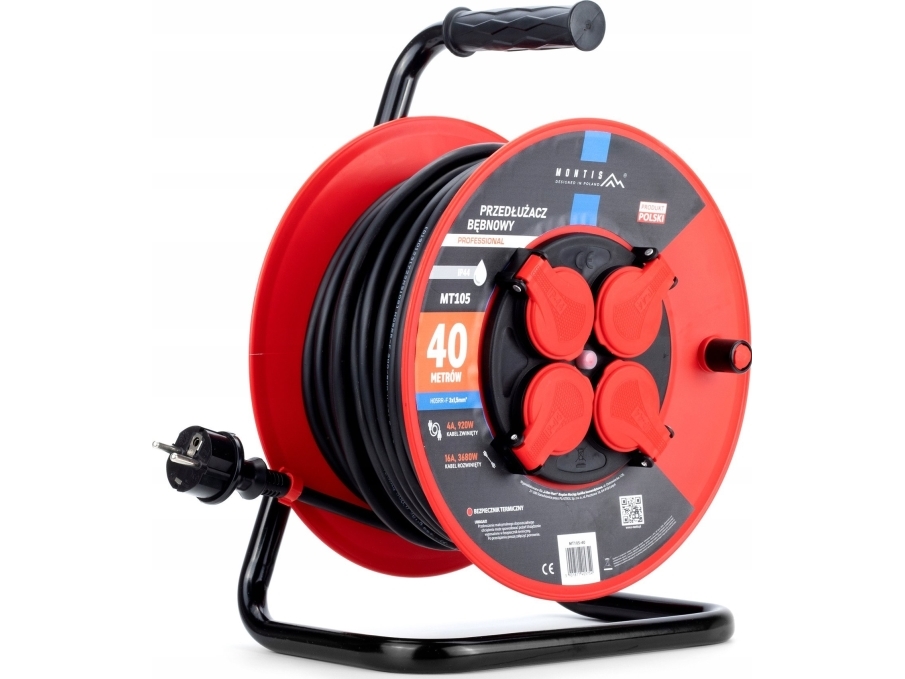 Montis PROFESSIONAL MT105-40 udvidelse/forlængerledning 4x2p+Z IP44 16A 3680W 3x1,5 40 m Montis sort