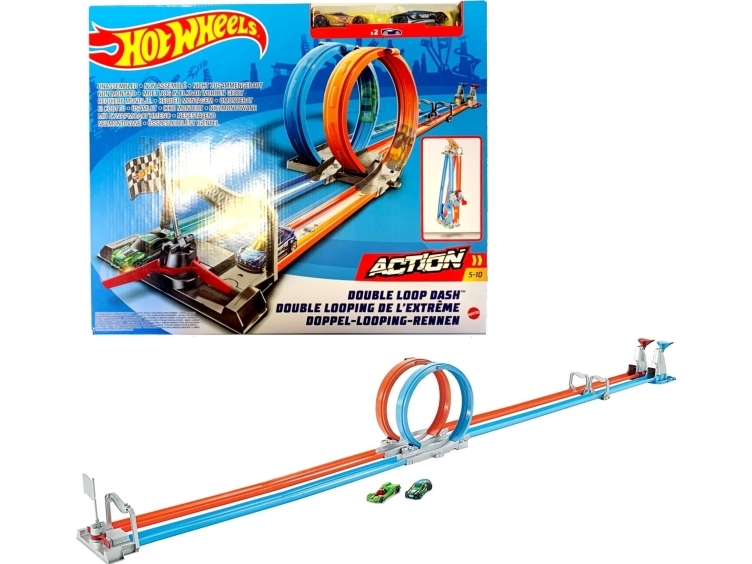 Hot Wheels Action Double Loop Dash Track Set Set Med Fordon Och Bana 5 År Plast Blå Orange