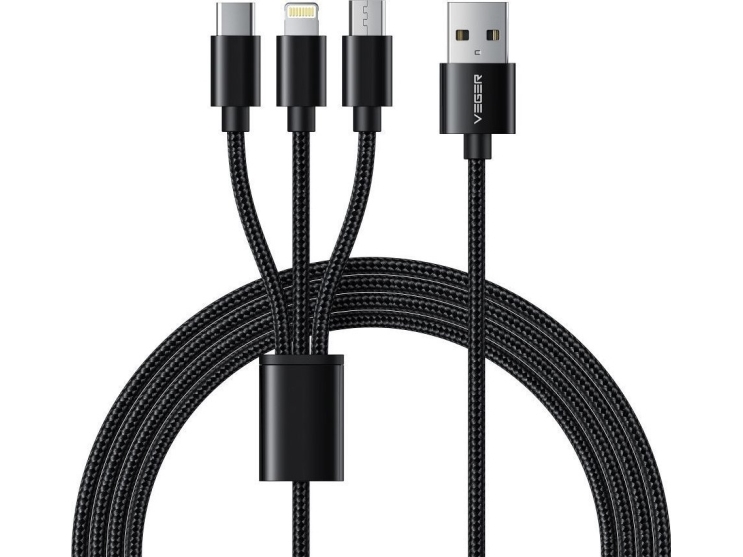 Kabel Veger Usb-A Auf Usb-C + Microusb + Lightning 1,2 M Schwarz