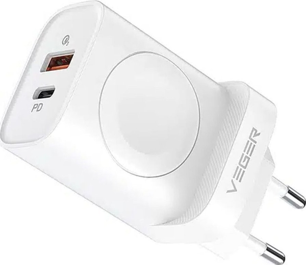 Veger Ladegerät: Usb A + Type-C Netzladegerät + Induktionsladegerät Kompatibel Mit Apple Watch Pd Qc3.0 3A 25W W002e Weiß