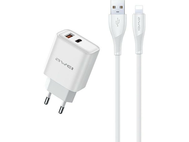 Awei Netoplader Awei Lad. Siec. Pd81l-Eu 22,5W + Usb + Lightning-Kabel Hvid Gan