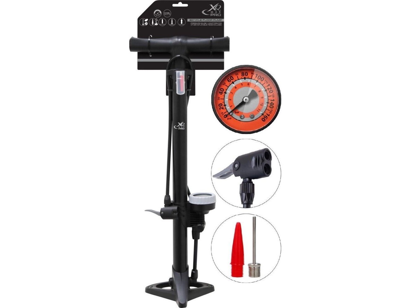 XQMax værksted-/cykelpumpe PRO 160 psi (11 bar) med manometer kompakt fod